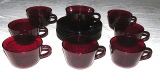 Anchor Hocking Royal Ruby Eight Tea Cups And Saucers -
