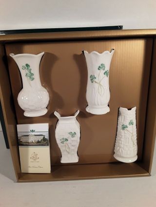 Irish Belleek China Set Of 4 Mini Vases Shamrocks Made In Ireland