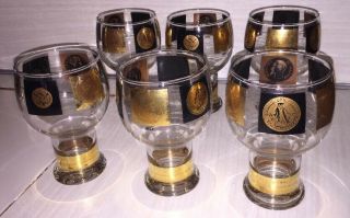 Federal Glass Mcm Gold Coin Pedestal Tumblers Goblets Set Of 6 Glasses Made Usa