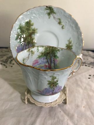 Rare Exquisite Vintage Aynsley Tea Cup & Saucer Blue Landscape Scene England