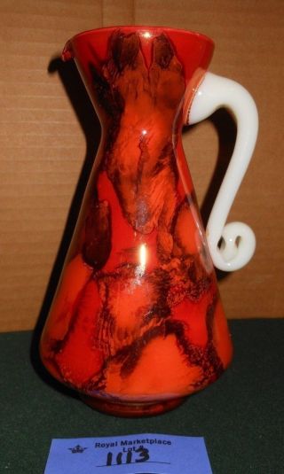 Vtg Unique Murano Style Cased Art Glass Pitcher Retro Orange/red White Handle
