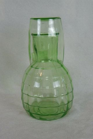Hocking Block Optic Green Depression Glass Tumble Up Night Water Carafe,  Tumbler