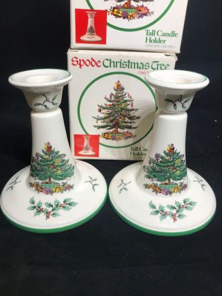 Spode Christmas Tree 2 Tall Candle Holders 5 1/2 ",  England,  Exc Org Boxes