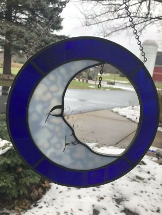 Stained Glass Blue Crescent Man In The Moon Window Hanging Suncatcher Decor