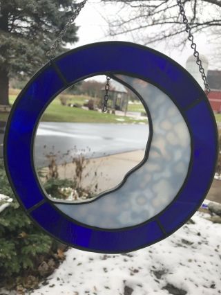 Stained Glass Blue Crescent Man in the Moon Window Hanging Suncatcher Decor 2