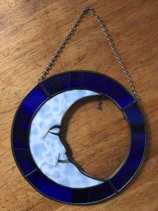 Stained Glass Blue Crescent Man in the Moon Window Hanging Suncatcher Decor 6