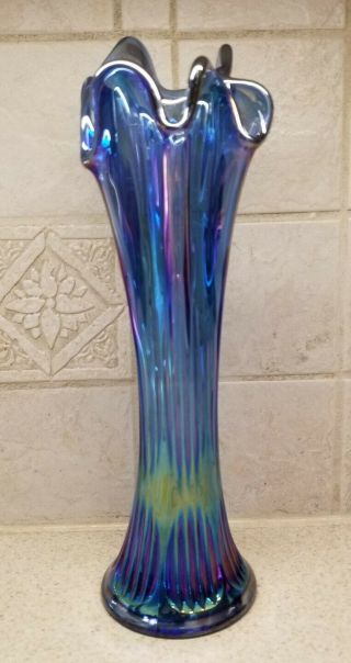 Fenton American Art Glass Blue Carnival Glass Vase Signed 11 1/2 "