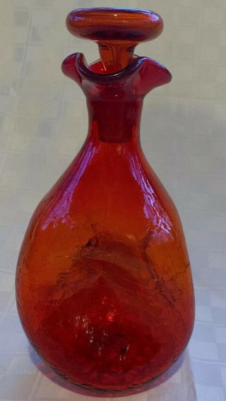 Mid - Century Blenko Glass Amberine Pinched Crackle Glass Decanter W/ Stopper