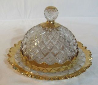 Antique Eapg Clear Glass Butter Cheese Dish / Diamond Pattern W/ Gold Gilding