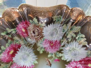 Large Antique Hand Painted Nippon BOWL Floral Mums Heavy Gold Beads 2