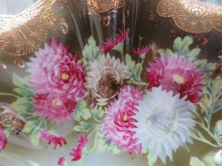Large Antique Hand Painted Nippon BOWL Floral Mums Heavy Gold Beads 4