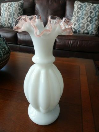 Vintage Fenton Art Glass Milk White Melon Vase Pink Rose Crest 9 " Ruffled Top