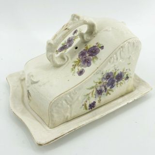 Vintage Covered Cheese Dish Or Covered Butter Dish Purple Violets Home Decor Old
