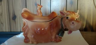 Vintage Cow Cookie Jar W/ Cat On The Lid " Brush W10 Usa " - & Descr