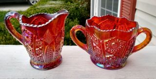 Imperial Carnival Glass Red Sugar & Creamer.  Vintage Hobstar Design.