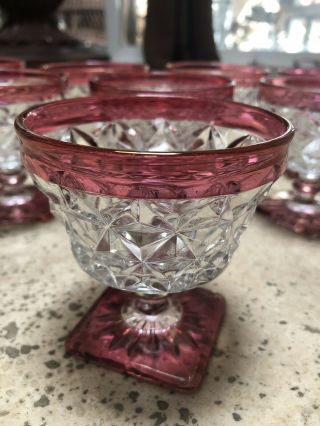 Vintage Indiana Glass Ruby Red Flash Diamond Point Set Of Eight.  Desert Dish.