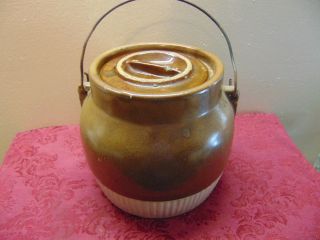 Vintage Red Wing B And 1/2 Stoneware Bean Pot/lid With Wire Handle 1920 