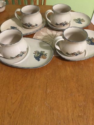 Set Of 4 Home & Garden Party Stoneware Soup Mug And Snack Plate/tray Fruit 2005
