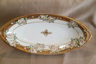 Antique Nippon Moriage Detail Celery Dish,  Hand Painted,  Green Wreath Mark