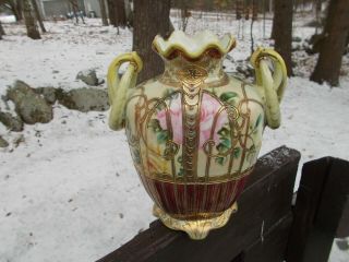 Antique Nippon Moriage Porcelain Vase Hand Painted Roses Heavy Gold Decoration