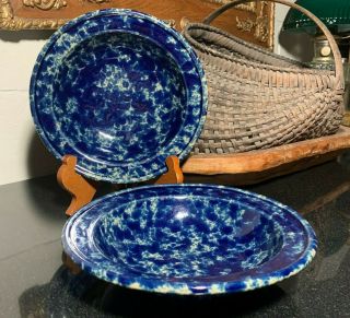 2 Bennington Pottery 1961 Dg Blue Agate/spongeware 8 3/4 " Rim Soup Bowls -
