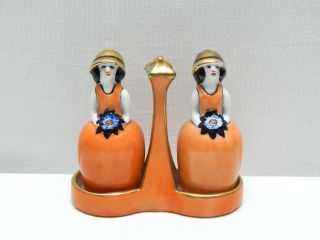 Antique Noritake Art Deco Lady Salt & Pepper Shaker Set W/ Holder