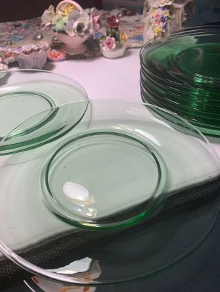 VINTAGE GREEN DEPRESSION GLASS 7.  5” LUNCHEON SALAD PLATES SET of 10 from 1930s 6
