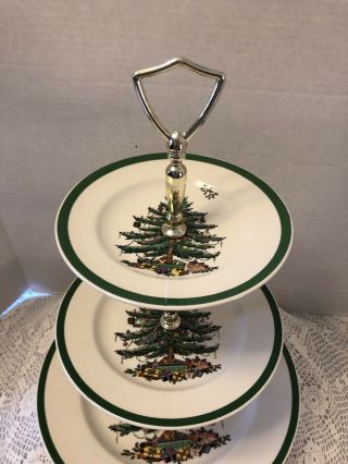 3 Tier Spode Christmas Tree Cake Plate/Stand Tray With Gold Handle 2
