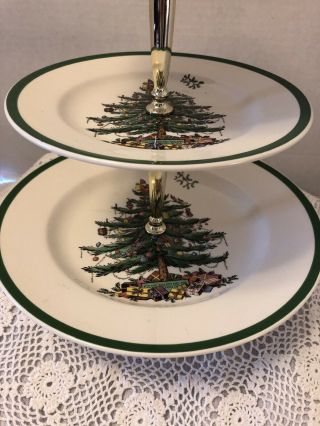 3 Tier Spode Christmas Tree Cake Plate/Stand Tray With Gold Handle 3