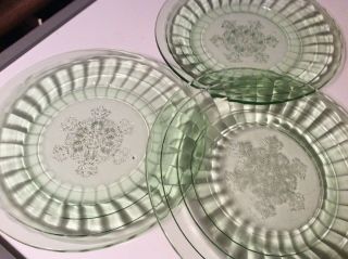 7 Vintage Green Block Depression Glass Dishes With Snowflake Pattern 4