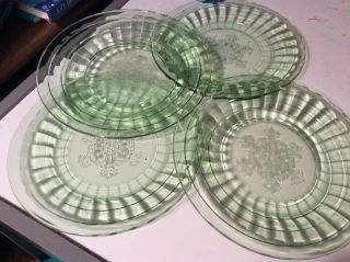 7 Vintage Green Block Depression Glass Dishes With Snowflake Pattern 5