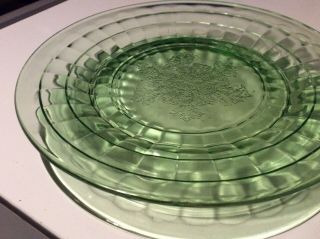 7 Vintage Green Block Depression Glass Dishes With Snowflake Pattern 8