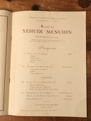 Concert Program Violinist Yehudi Menuhin Recital 1944 Violin Yale University