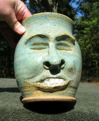 Funny Face Jar Utensil Holder Vase Pottery Ceramic Art Decor Ugly Nc Jug Blue