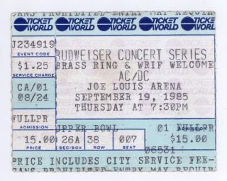 Rare Ac/dc & Yngwie Malmsteen 9/19/85 Detroit Mi Joe Louis Arena Ticket Stub