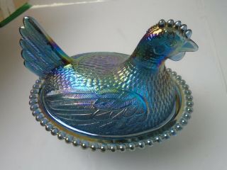 Vintage Indiana Blue Carnival Glass Hen Chicken On Nest Candy Dish 3
