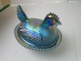 Vintage Indiana Blue Carnival Glass Hen Chicken On Nest Candy Dish 4