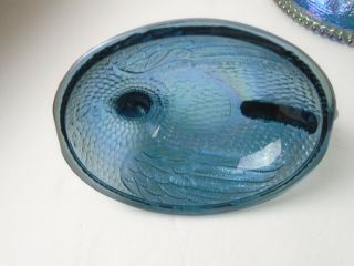 Vintage Indiana Blue Carnival Glass Hen Chicken On Nest Candy Dish 7