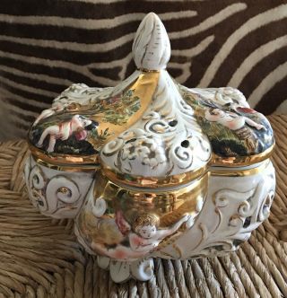 Vintage Capodimonte Porcelain Footed Bowl With Lid
