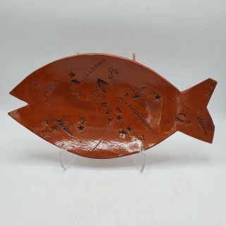 Studio Art Pottery Fish Platter W/ Incised Designs Signed W/ Heart In Palm 14 "