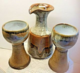 Artisan Studio Art Pottery Wine Set Jug And Two Goblets Signed With Artist Mark
