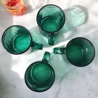 Vintage Turquoise Glass Set Of 4 Coffee Mugs Cups (12 Oz) Made In Usa