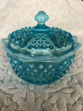 Fenton Signed Blue Opalescent Hobnail Covered Candy Dish