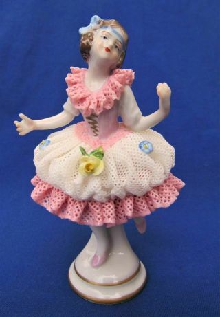 Oldest Volkstedt Dresden German Porcelain Irish Lace Mini Figurine Ballerina 4 "