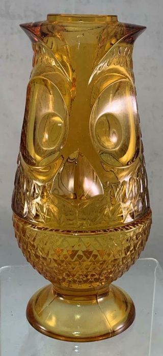 Vtg Mcm Viking Figural Owl Fairy Lamp Candle Holder Votive 2 Pc.  Amber Color