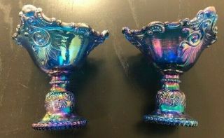 Blue Iridescent Carnival Glass Candle Holders