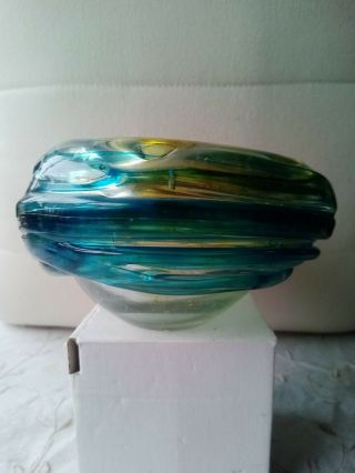 Mdina Glass Squat Vase With Trailing In Sand And Sea Colours Inscribed Mdina