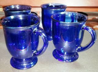 Set Of 4 Vintage Anchor Hocking Cobalt Blue Glass Pedestal Coffee Cups Mugs