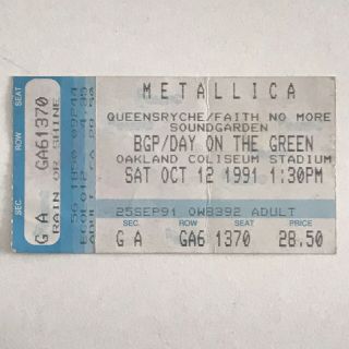 Metallica Day On The Green Vintage Concert Ticket Bay Area October 12th 1991