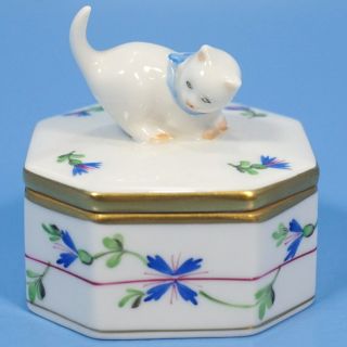 Herend Hungary Handpainted Porcelain Trinket Jewelry Box Kitten Cat 6d74/pbg 267